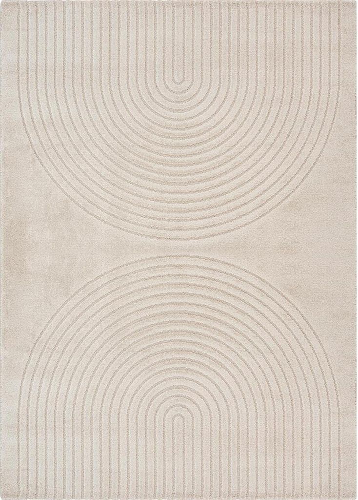 A top-down view of a rug with a geometric pattern.