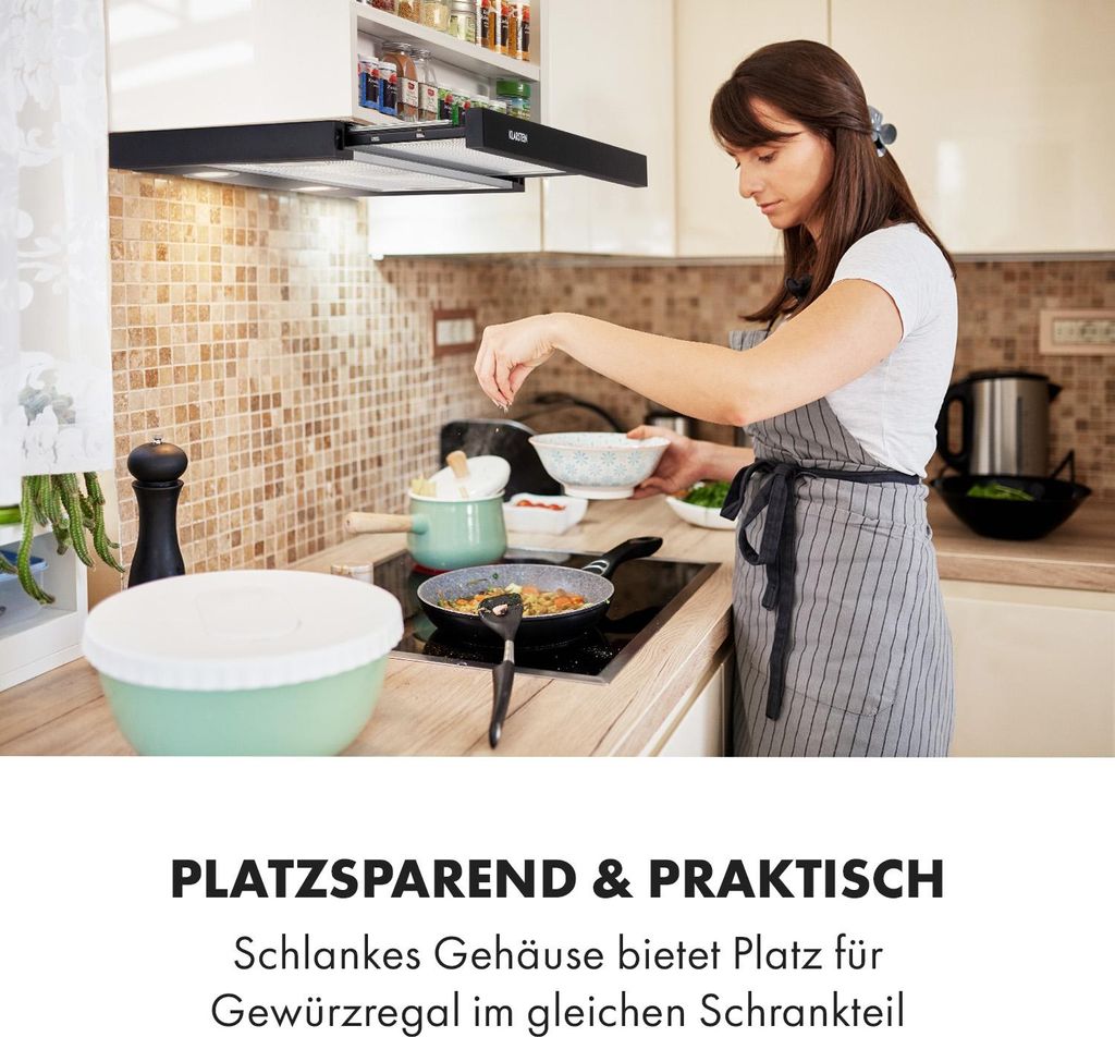 Klarstein Mariana - Flachschirmhaube, , Umluft & Abluft, LED-Beleuchtung, Drucktasten, Unterbau-Dunstabzugshaube, 500 m³/h, 60 cm, schwarz