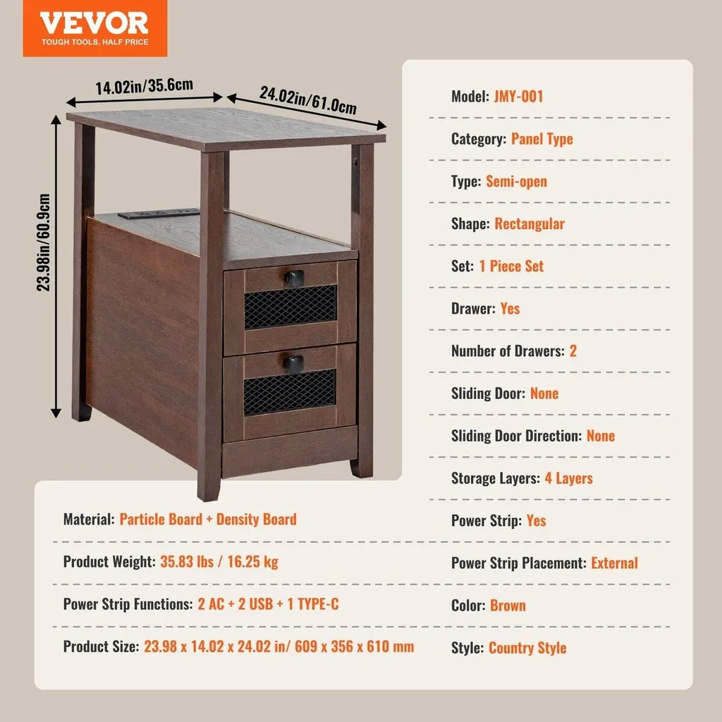 Table de chevet étroite marron style rustique avec station de charge