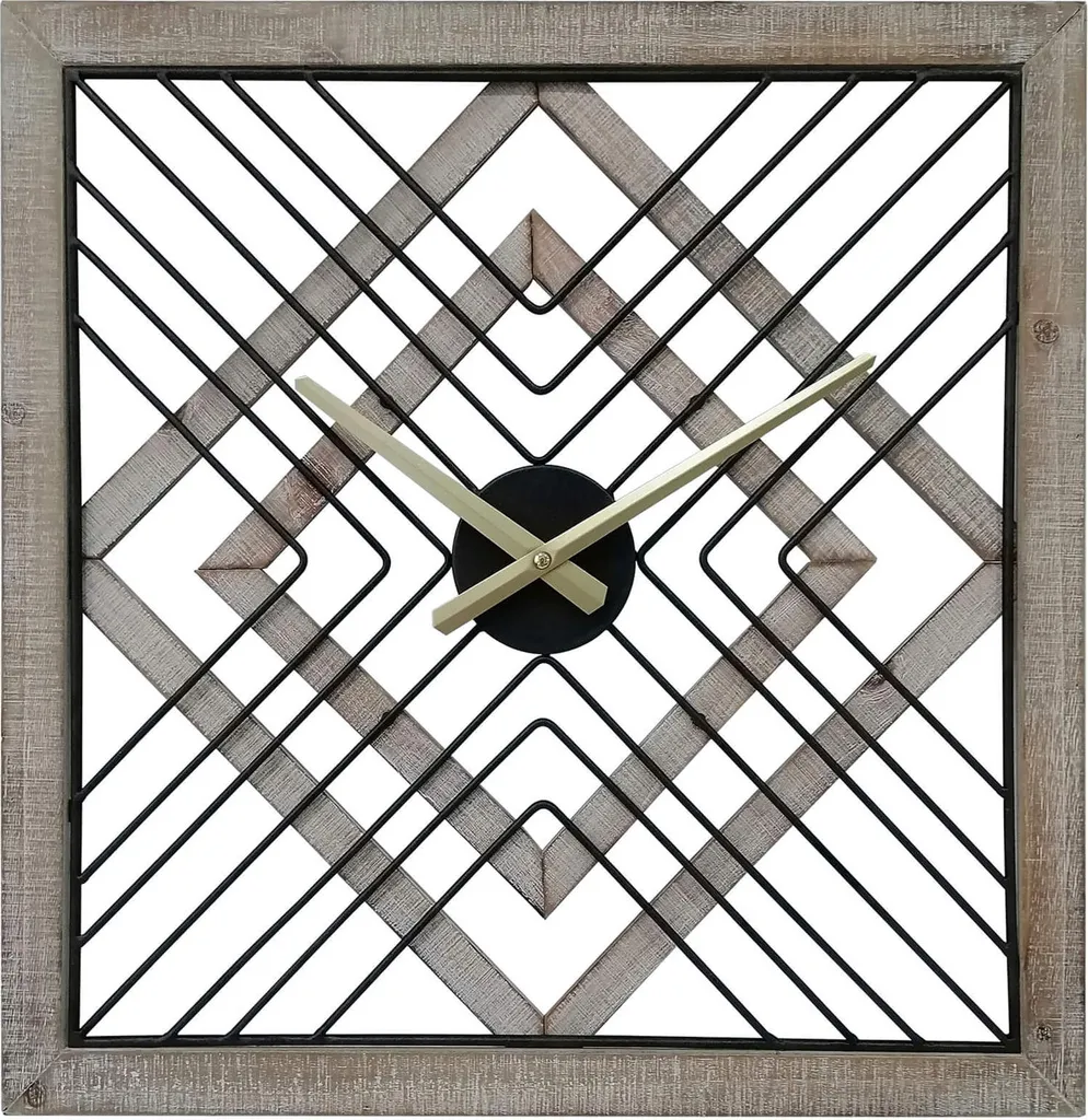 Horloge Murale Industrielle Carrée Pendule Design en Bois et Métal Noir