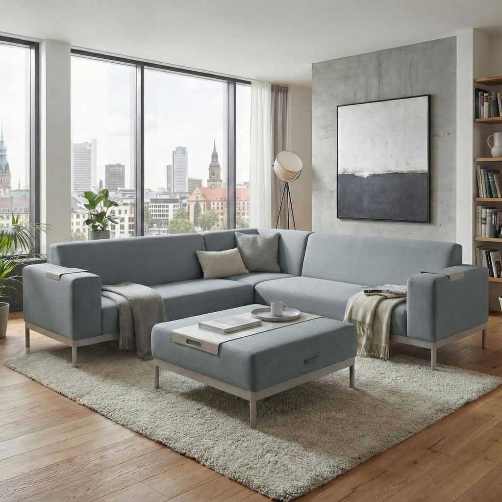 Ecksofa MCW-C47, Sofa Loungesofa Couch, Stoff/Textil Indoor wasserabweisend 245cm blau mit Ablage