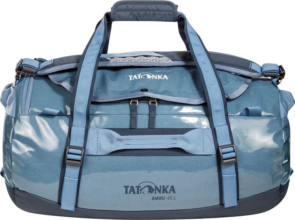 A blue Tatonka barrel bag is shown against a white background.