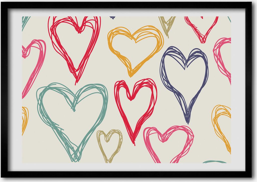 Bild - Bilderrahmen - 100 cm x 70 cm - MDF - Rahmen - Foto - Wandkunst bunte Herzen