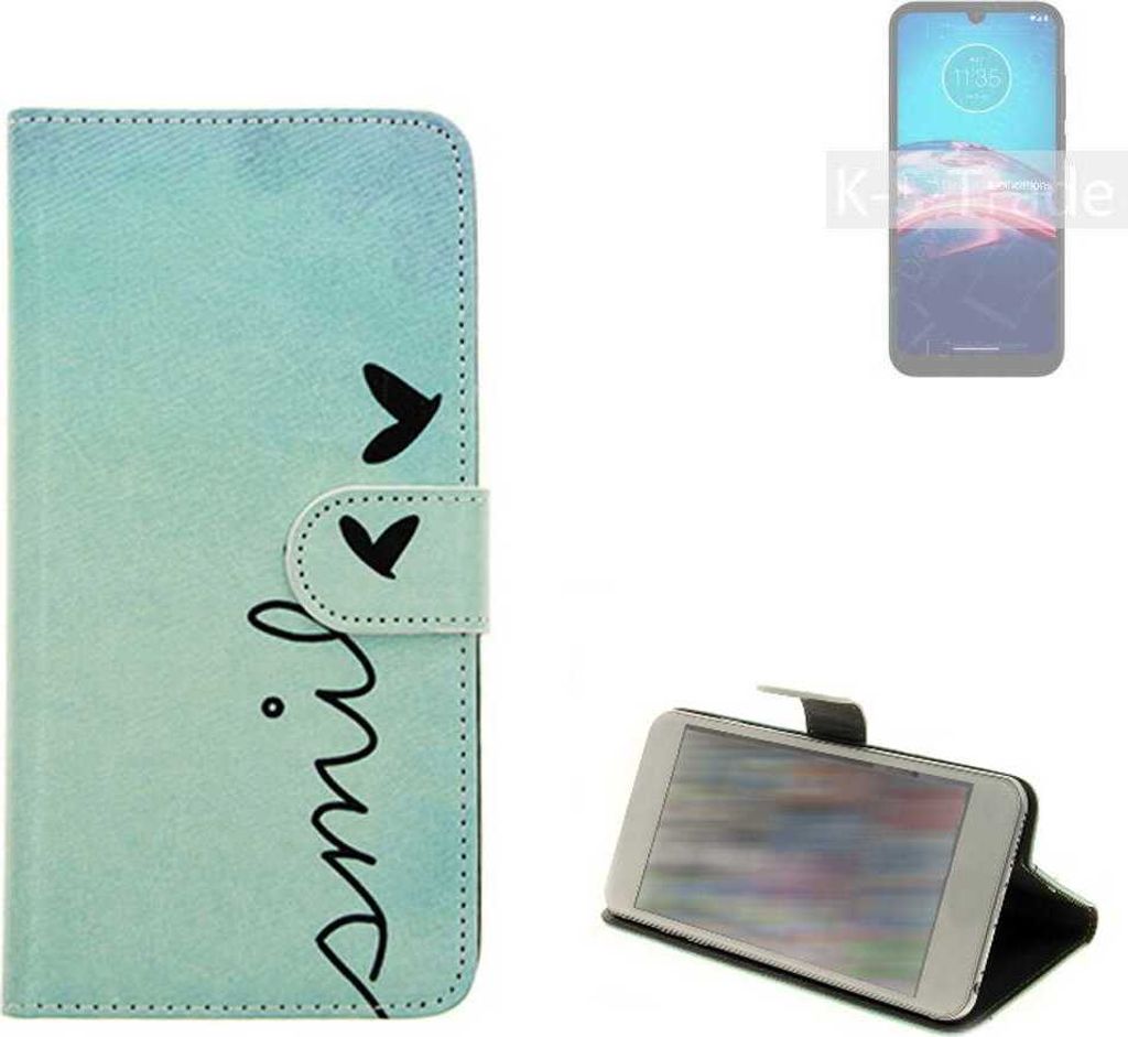 K-S-Trade Schutz Hülle Handy Hülle kompatibel mit Motorola Moto E6S 2020 Hülle Handyhülle cover bookstyle Etui Handyhülle ''smile'' türkis