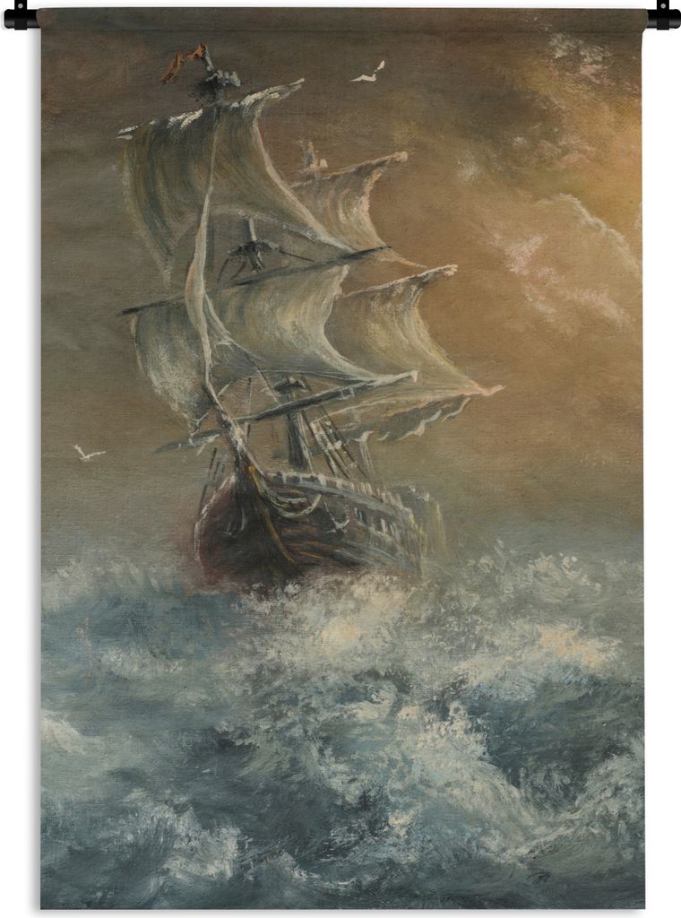 MuchoWow Wandteppich Wandbehang Illustration eines Segelschiffs mit zwei Vögeln 120x180 cm Tapisserie Dekoration Wandtuch - Schlafzimmer - Dekor...
