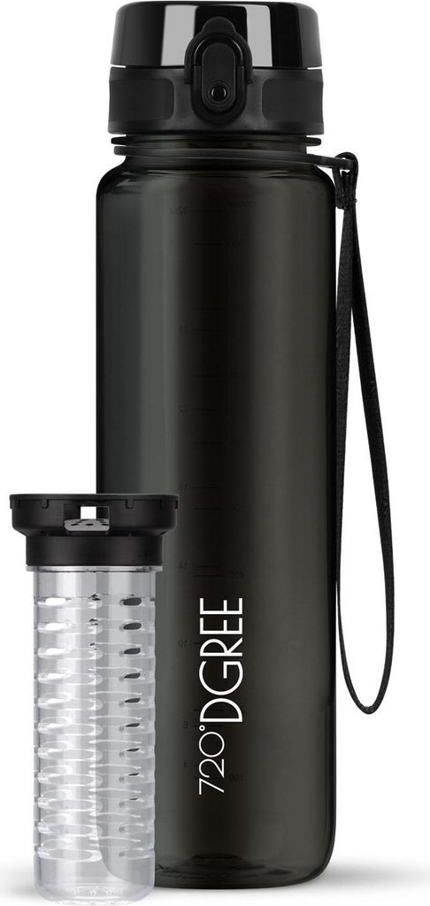 uberBottle crystalClear Trinkflasche mit Fruchtbehälter 1000ml / Onyx Black/ 720DGREE