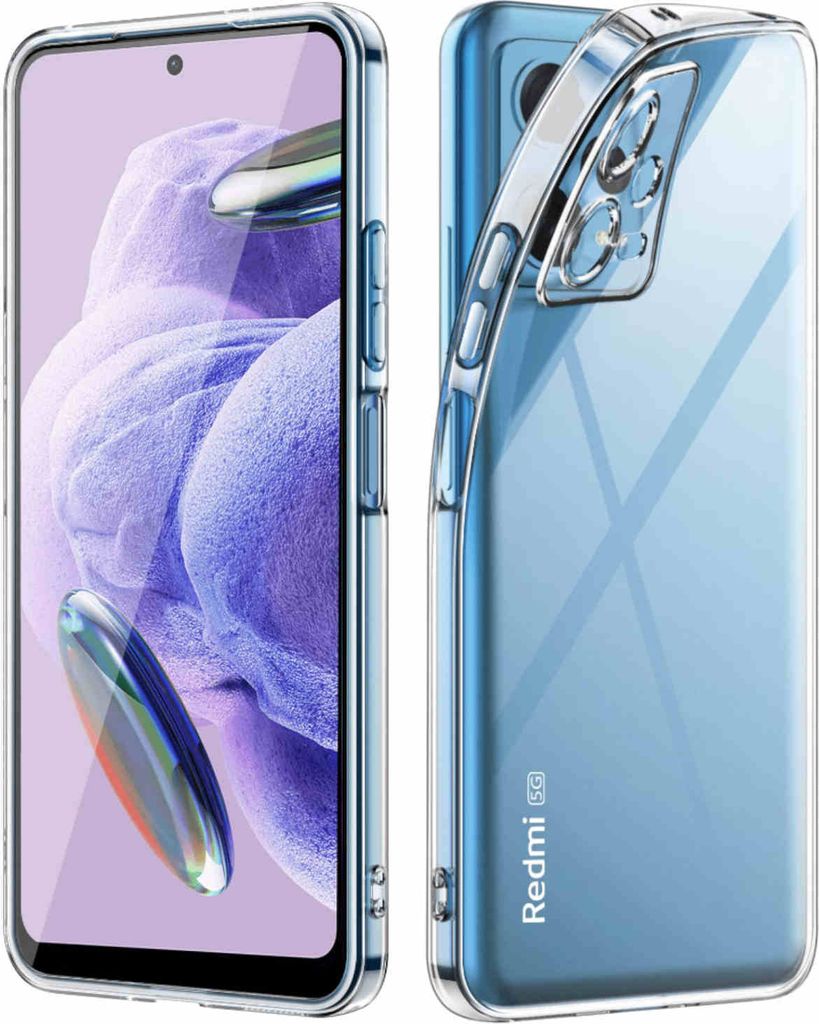 A clear protective phone case is shown from two angles, one showing the front and side, the other showing the back and side.