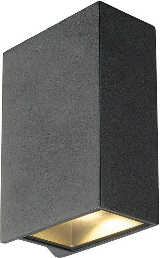 A dark gray, rectangular wall light fixture with a light emanating from the bottom.