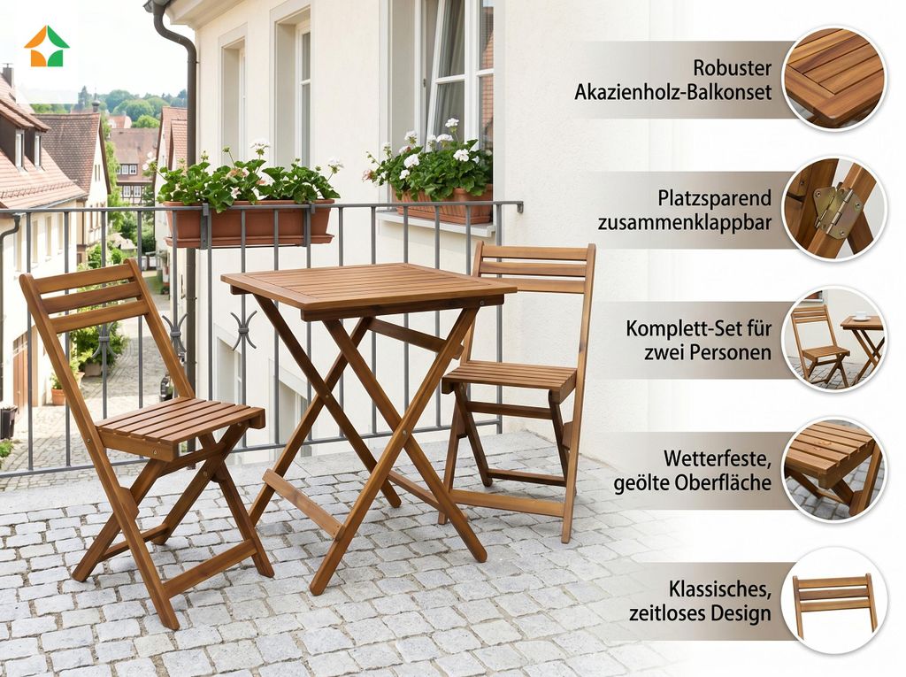 3-teiliges Balkonmöbel-Set aus Akazienholz, klappbar Produktbild 