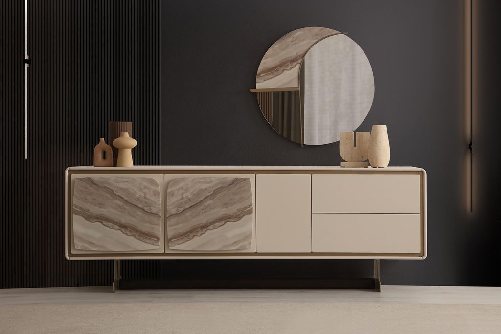 Modernes Beiges Sideboard Designer Rundspiegel Edle Holzmöbel 2tlg