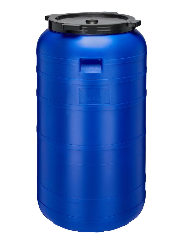 A blue plastic barrel with a black lid, shown in a studio setting against a white background.