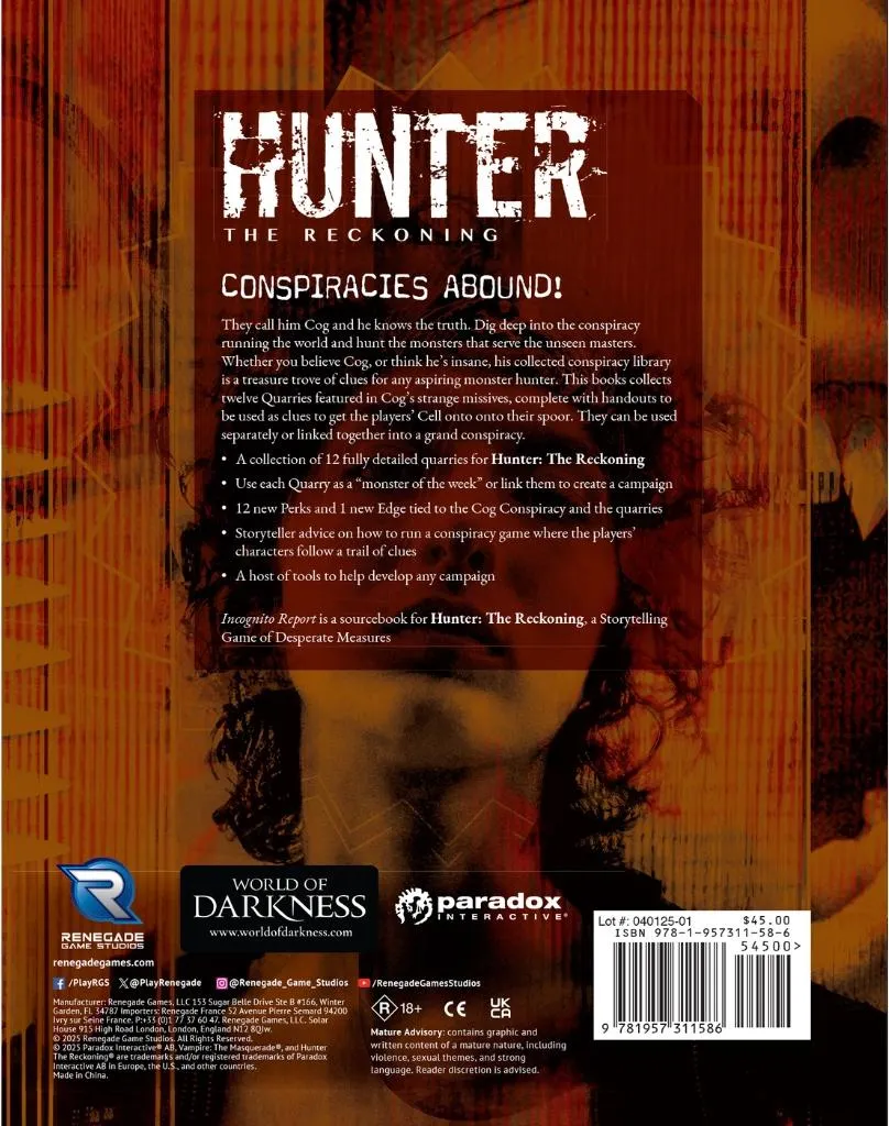 Hunter The Reckoning 5e Rapport incognito - Guide d'Enquête RPG Anglais
