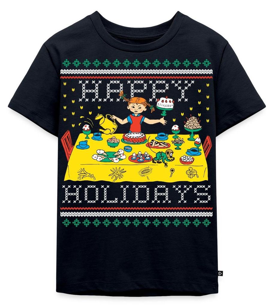 Spreadshirt Pippi Langstrumpf Happy Holidays Ugly Christmas Kinder Premium T-Shirt, 110/116 (4 Jahre), Navy