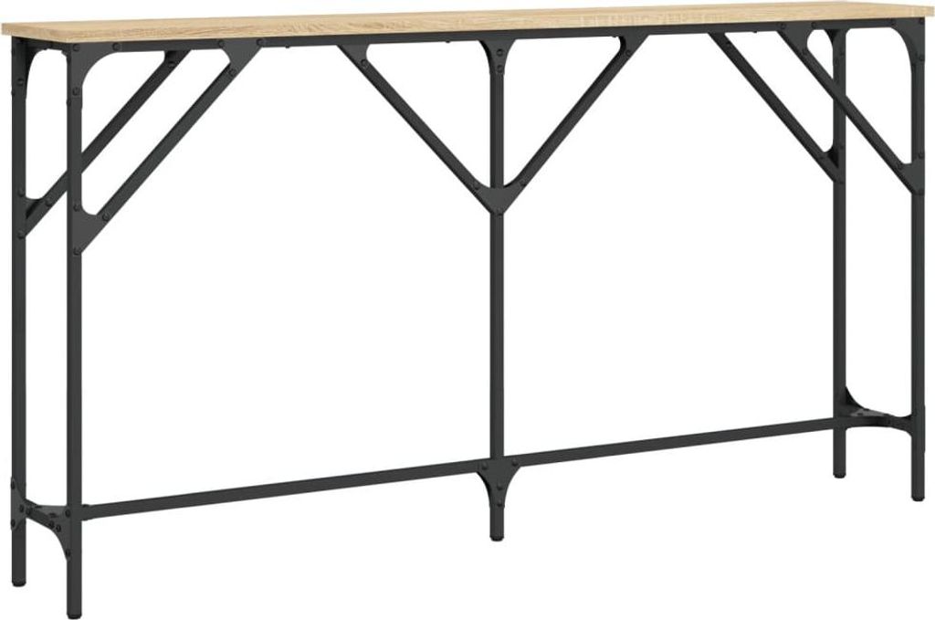 A long, narrow console table with a wooden top and black metal legs, shown against a white background.