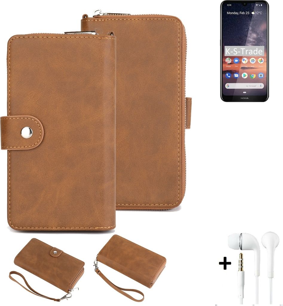 K-S-Trade Handy Schutz Hülle kompatibel mit Nokia 3.2 + Kopfhörer Portemonnee Tasche Wallet-Case Bookstyle-Etui braun (1x)