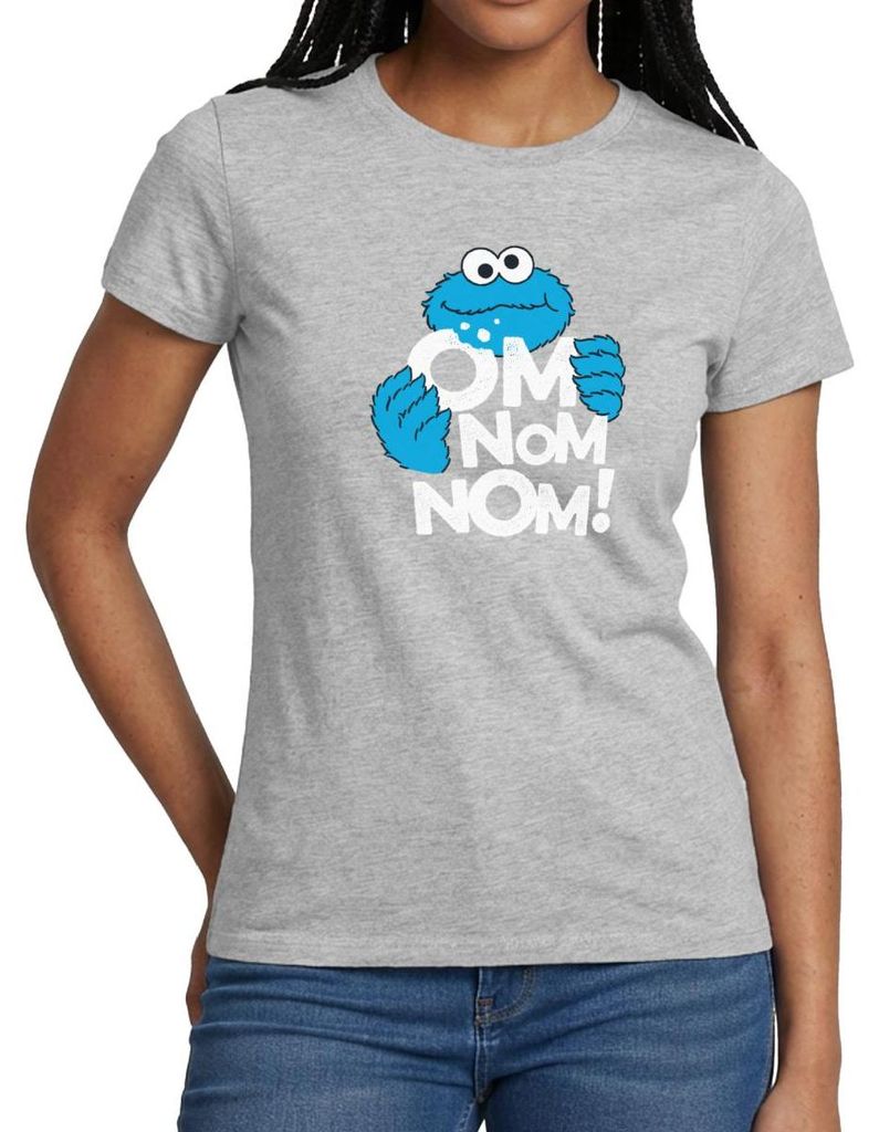 Spreadshirt Sesamstraße Krümelmonster Om Nom Nom Frauen T-Shirt, S, Grau meliert