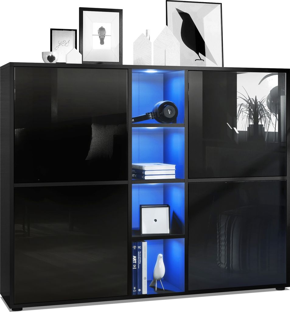 Vladon Highboard Cuba V3, Germany, Schwarz matt/Schwarz Hochglanz inkl. LED - Moderne Anrichte mit 12 Fächern (130,5 x 105,5 x 35,5 cm)