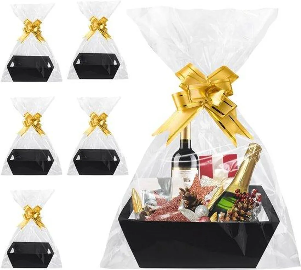 Boîte cadeau Noël noire avec cordon et film transparent - Lot de 6