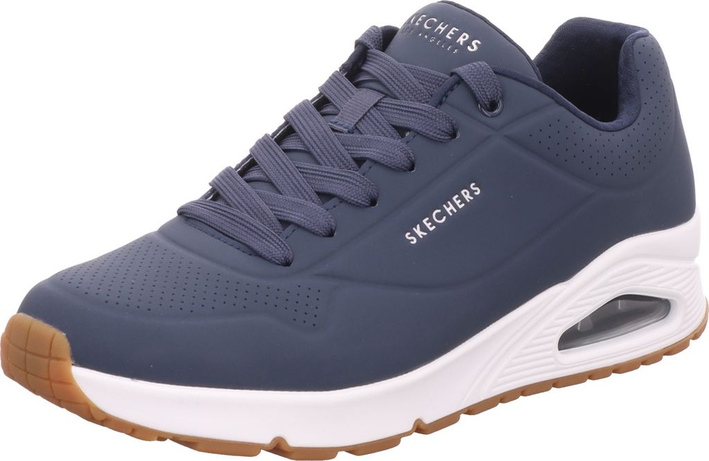 A single navy blue Skechers Uno Stand On Air sneaker is shown from a side-angle on a white background.