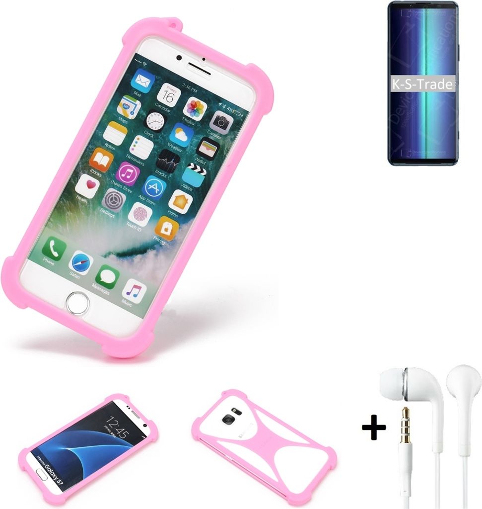K-S-Trade Bumper + Kopfhörer kompatibel mit Sony Xperia 8 Lite Handy Hülle Schutzhülle Silikon Schutz Hülle Cover Case Silikoncase Silikonbumper