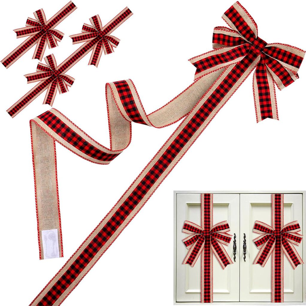 6 Pcs Christmas Cabinet Ribbon Bows 59 Inch Buffalo Plaid Door Ribbons and Bows Decoration Checkered Christmas Bow Modern Xmas Decor for Xmas Home ...