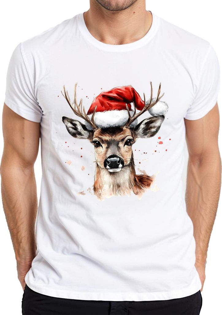 Rentier Nikolaushut Aquarell Weihnachten Geschenk Lustig Vintage Herren T-Shirt, Weiß, M