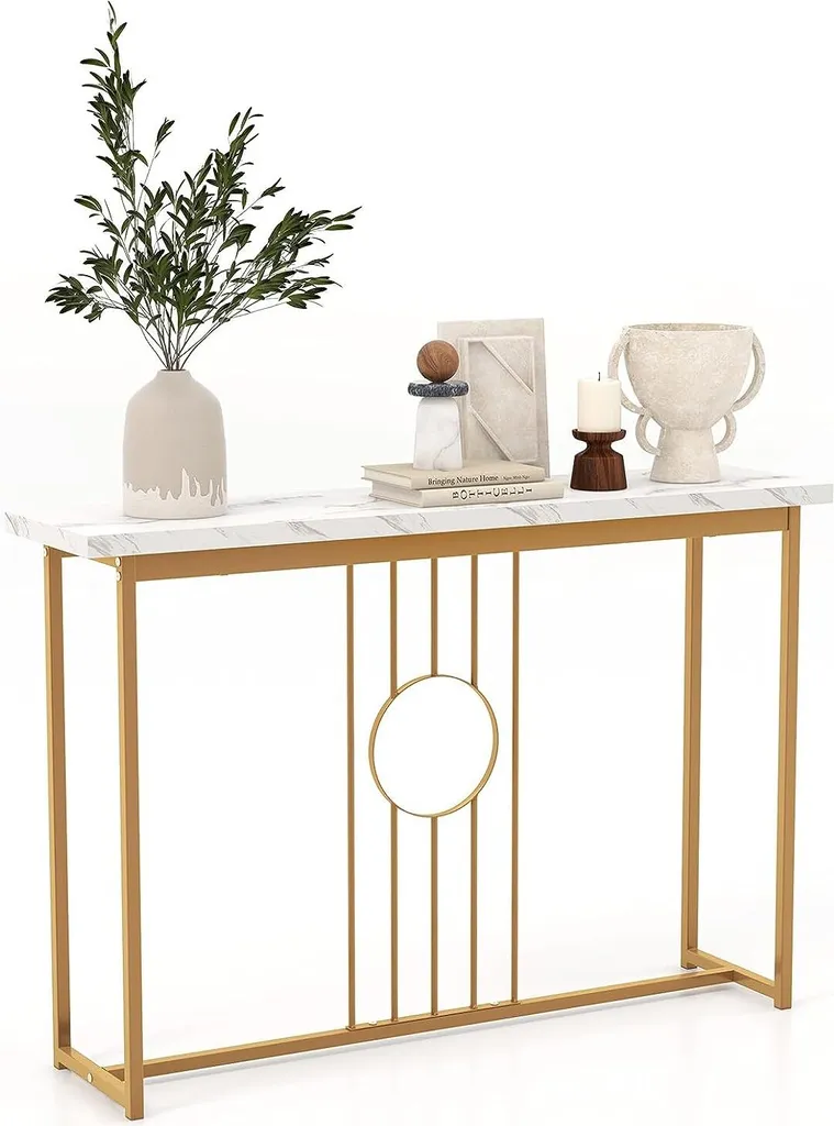 Consolle COSTWAY effetto marmo, tavolino stretto con struttura in metallo e piedini regolabili, tavolino da corridoio, tavolino da divano moderno per soggiorno, ingresso, 120 x 30 x 80,5 cm