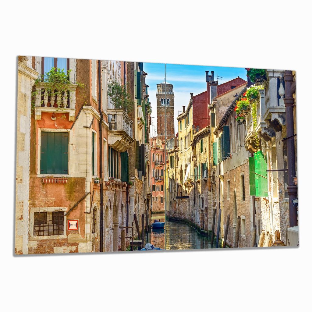 Wallario Herdabdeckplatte aus Glas, Größe 80 x 52 cm 2-teilig, Motiv Urlaub in Venedig Kanal zwischen bunten Häusern