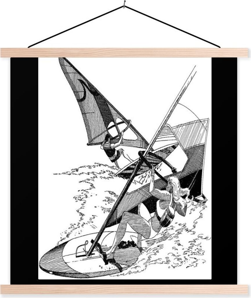 MuchoWow Textilposter Eine schwarz-weiße Illustration eines Windsurfers 40x30 cm mit holzfarbenen Rahmen - Bilder