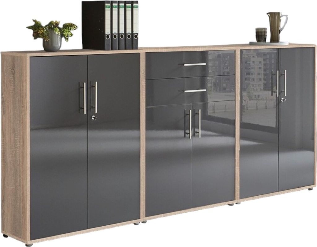 Aktenschrank TABOR 15 in Eiche Sonoma / anthrazit Hochglanz, Schrankwand, Büroschrank, abschließbar, Metallgriffe