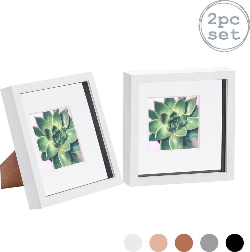 Nicola Spring 2 Stück 8 x 8 3D-Schatten-Kasten-Foto-Rahmen-Set - Craft Anzeigen Bilderrahmen mit 4 x 4 Montage - Glas Aperture - Weiß