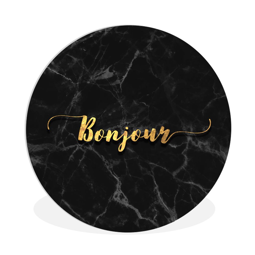 MuchoWow Rundes Wandbild - Runde Bilder Zitat - Bonjour - Gold - Marmor Ø 90 cm Kreis Wanddekoration Kunststoff - Wandkreis - Wandschmuck - Wand...