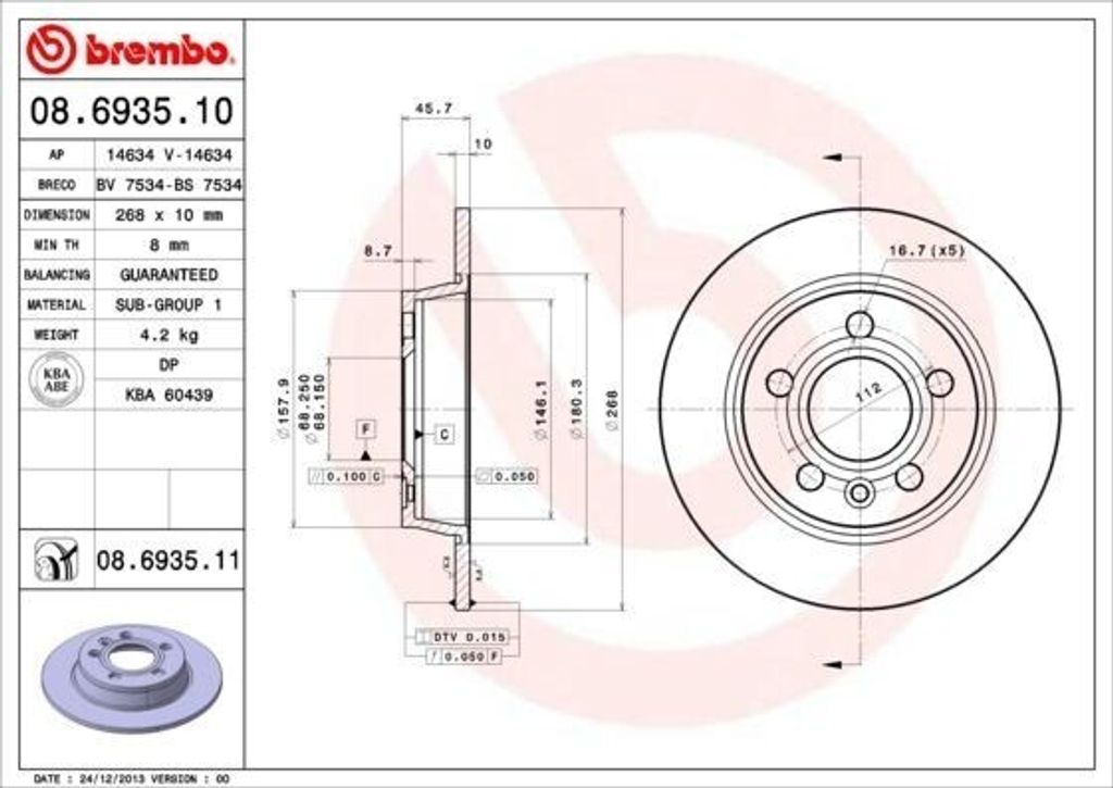 2x BREMBO 08.6935.10 Bremsscheibe Hinterachse