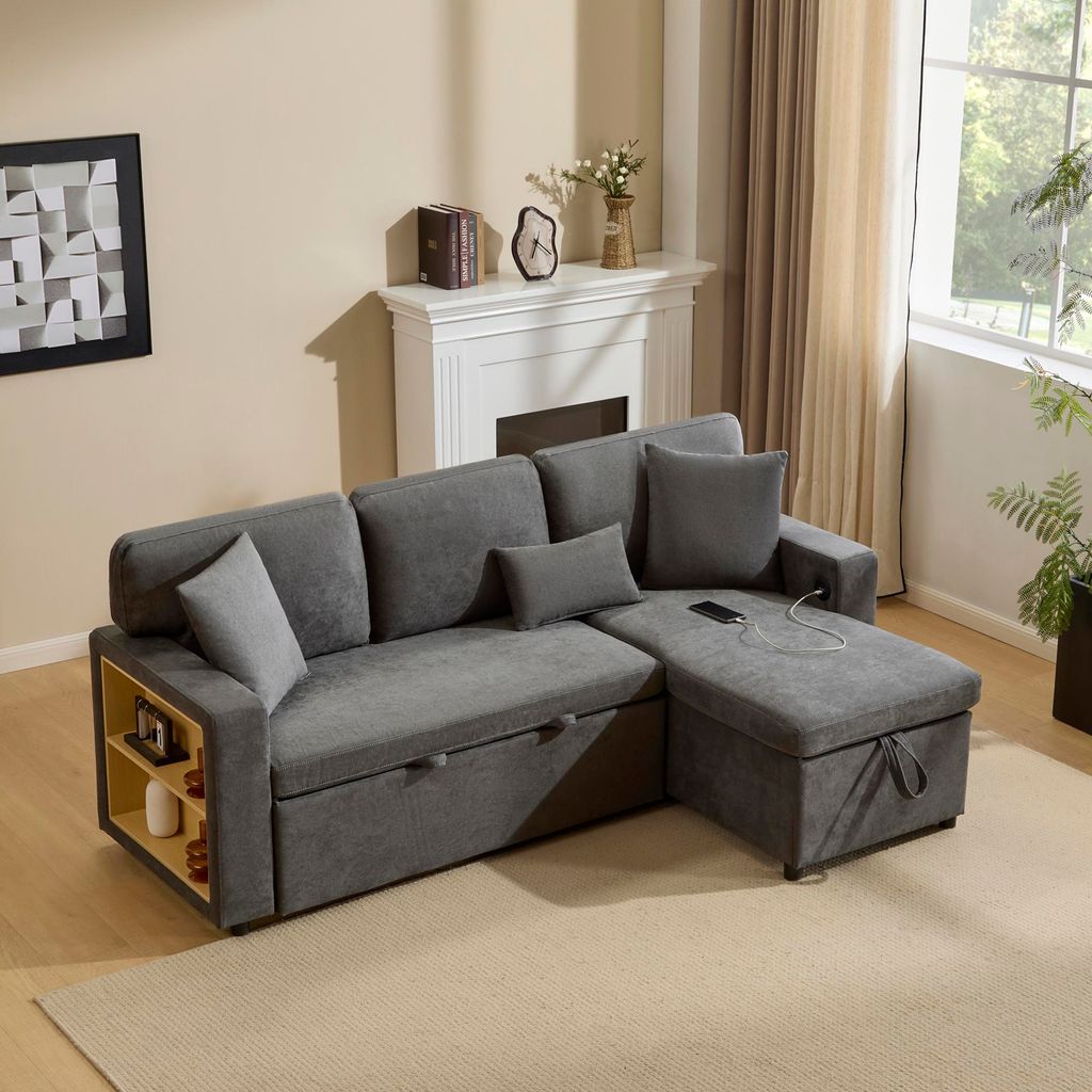 Fortuna Lai Corner Sofa Bett Eckcouch Couch L-Form Schlafcouch Ausziehbar, Bettkasten und integriertem Regal,dunkelgrau