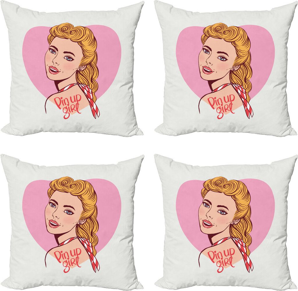 ABAKUHAUS Pin up Girl Kissenbezug Set (4 Stück), Lächeln Blonde Mädchen, Moderner Doppelseitiger Digitaldruck, 45 cm x 45 cm, Mehrfarbig