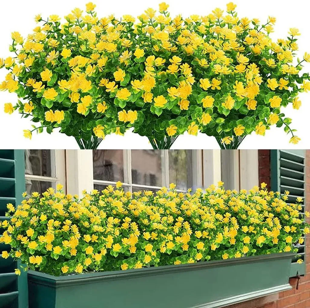 Fleurs artificielles pour balcon sans entretien : 8 eucalyptus jaunes UV