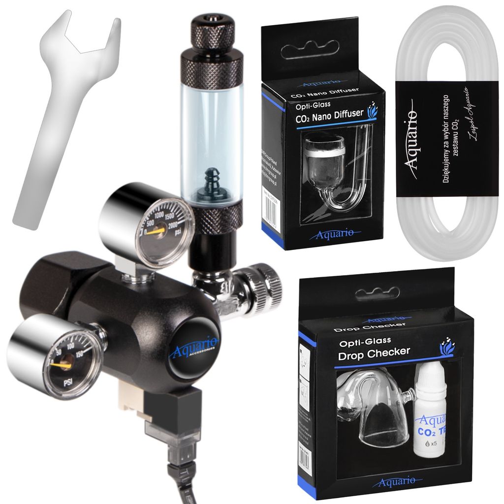 A collection of aquarium CO2 system components laid out on a white background.
