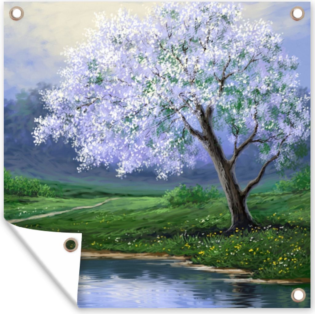 MuchoWow 100x100 cm Outdoor-Poster Gartendeko Sichtschutz Garten Poster für den Garten Malerei - Baum - Blüte - Natur - Wasser