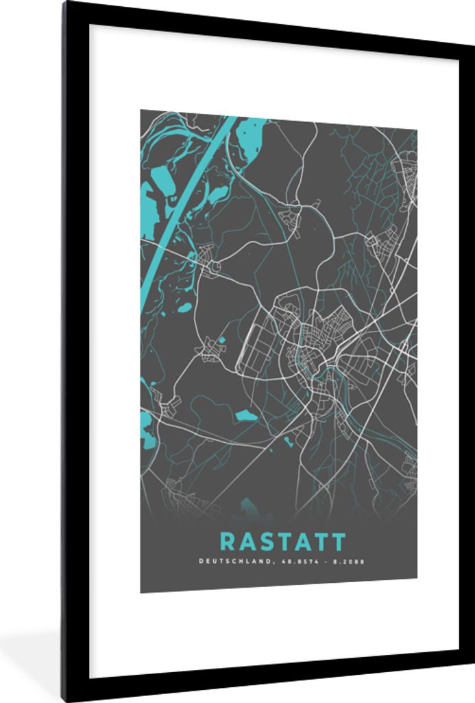 MuchoWow Gerahmtes Poster Blau - Deutschland - Karte - Stadtplan - Rastatt 60x90 cm - Poster mit Schwarzem Bilderrahmen Wandposter Rahmen Foto Bi...