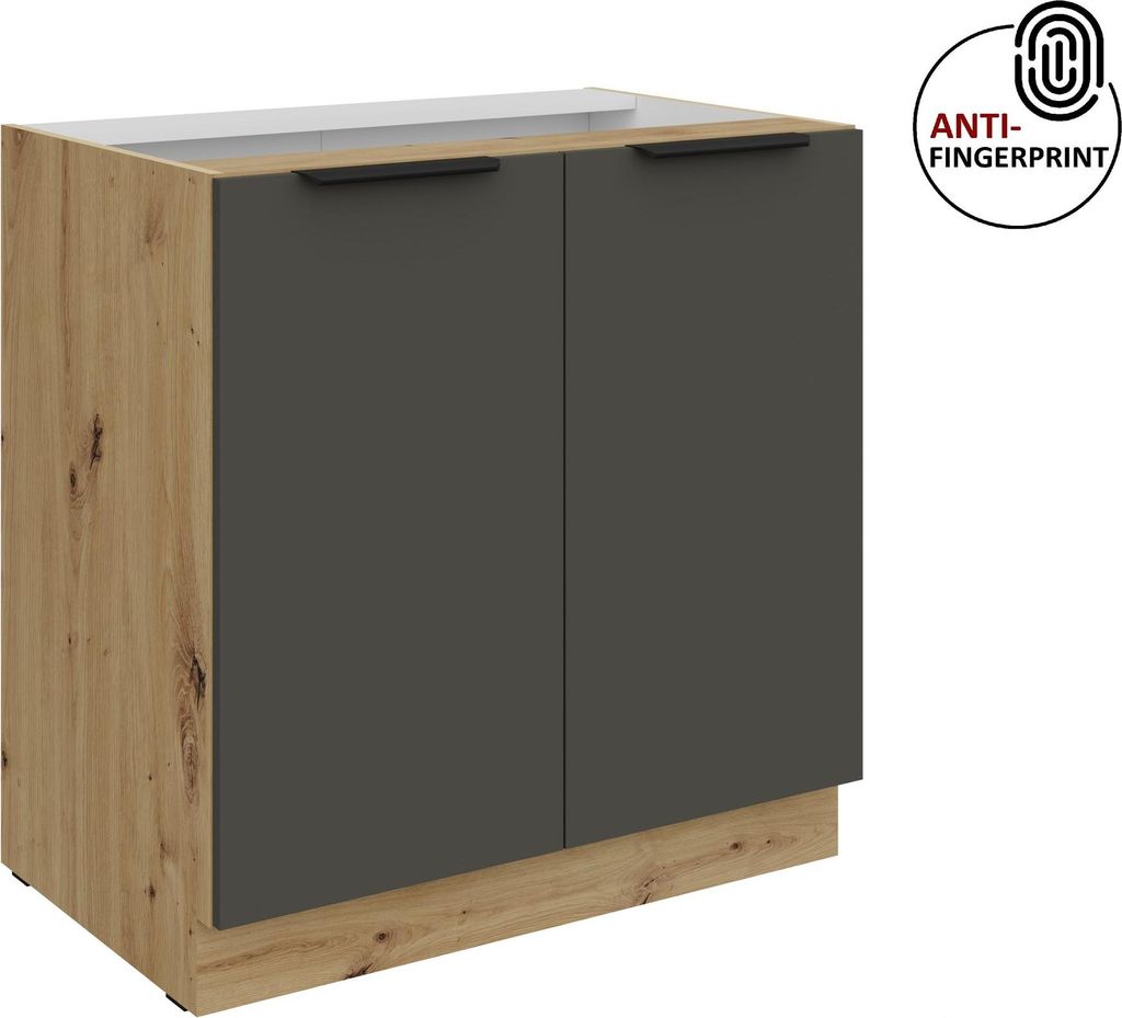 Küchen Unterschrank 80 cm Küche ARIA Graphite ultra matt + Eiche Artisan matt, hochwertige Fronten mit Anti Fingerprint Beschichtung Küchenzeile...