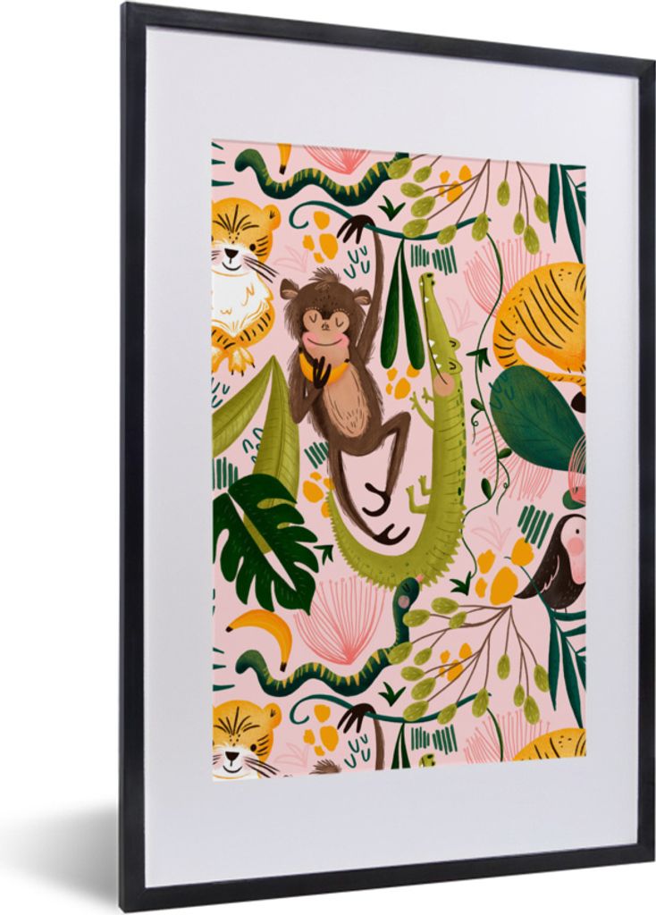 MuchoWow MuchoWow Gerahmtes Poster Dschungel - Pflanzen - Tiere - Rosa 40x60 cm - Poster mit zchwarzem Bilderrahmen - Poster in Rahmen