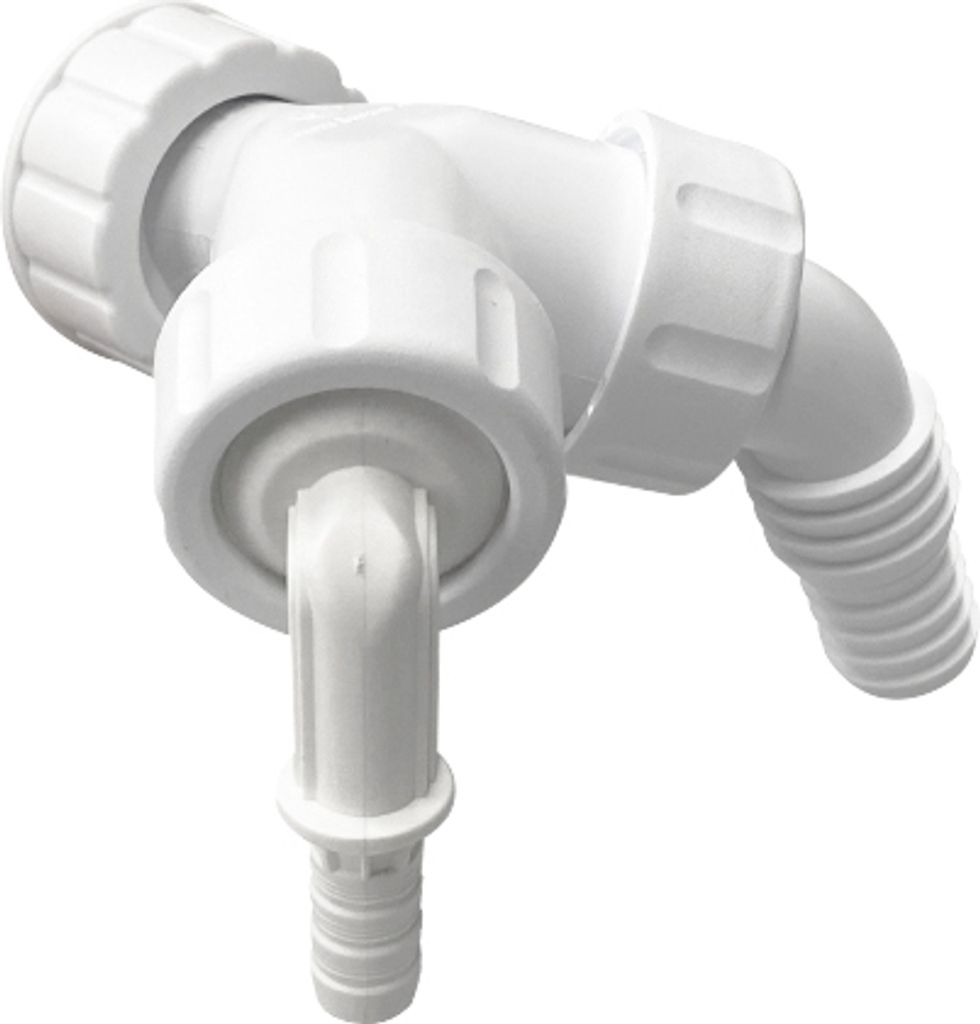 A white plastic plumbing fitting with multiple hose barbs and threaded connections, shown against a white background.
