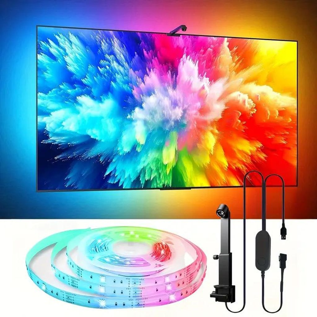 AIORBER TV LED Hintergrundbeleuchtung RGBIC mit Kamera App Steuerung Musikmodus Gaming Ambient Light LED Strip für Fernseher 2.4m Schwarz