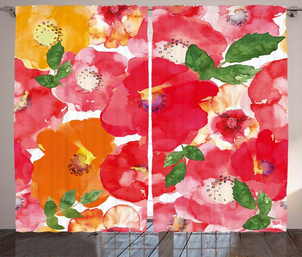 ABAKUHAUS Blume Rustikaler Gardine, Aquarell-Art-Blumen, Schlafzimmer Kräuselband Vorhang mit Schlaufen und Haken, 280 x 245 cm, Rot und orange