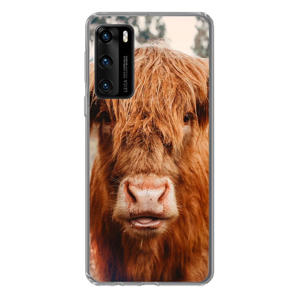 MuchoWow Handyhülle Schutzhülle Hülle für Huawei P40 Kuh - Schottischer Hochländer - Hörner - Braun - Landschaft Silikon Softcase Handy Hü...