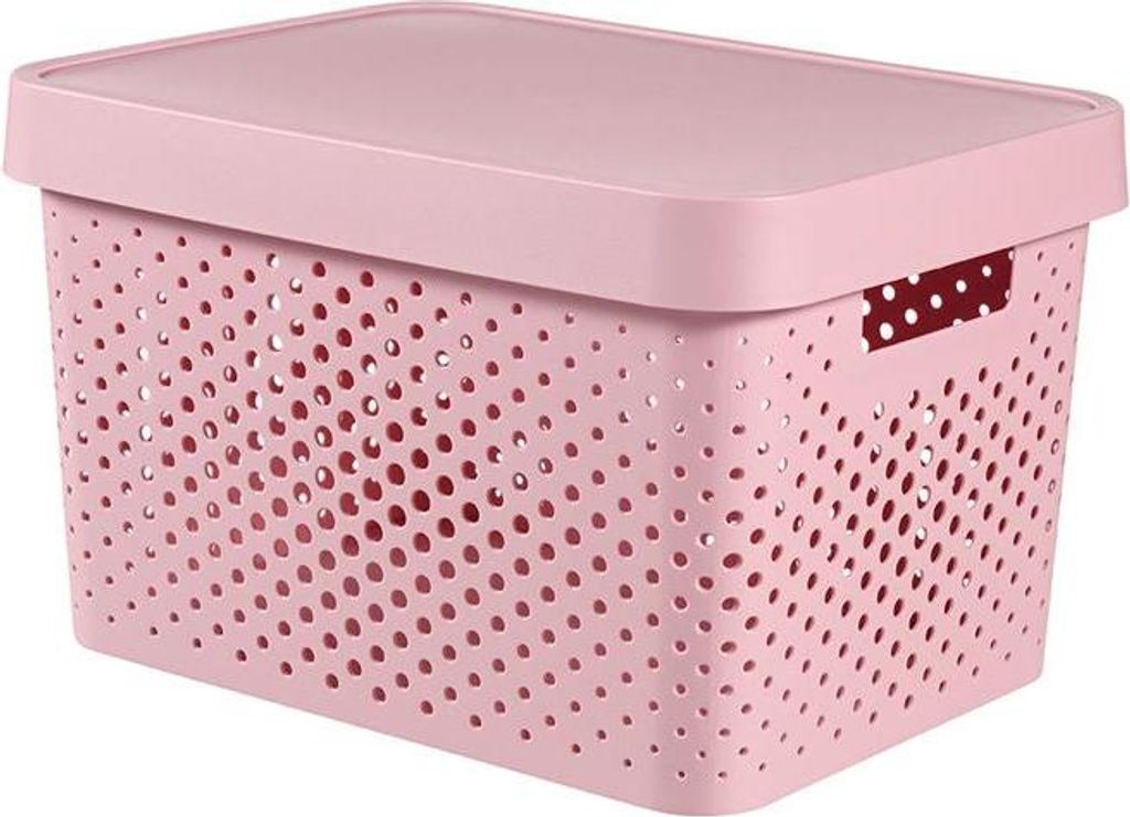 A pink storage box with a lid and perforated sides.
