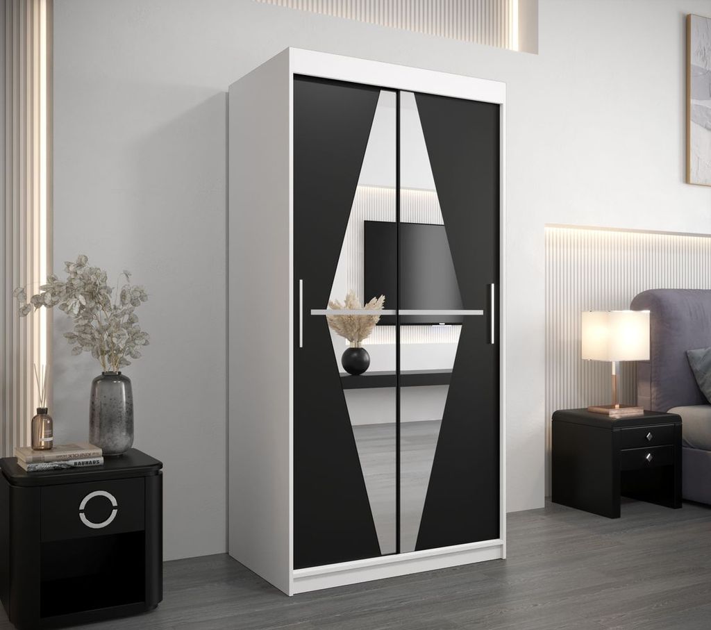 Kleiderschrank mit Spiegeln REBEKA – Breite 100 cm, weiß/schwarz