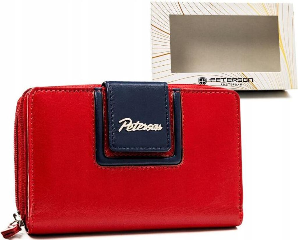 Peterson | Damen Portemonnaie, aus Naturleder, mit Druckknopf und Reißverschluss, Rot, 15.5x10 cm