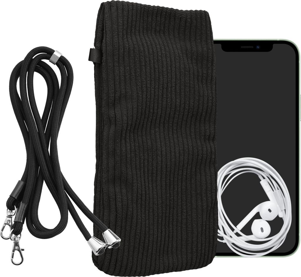 kwmobile Handytasche für Smartphones XL - 6,7/6,8" Handy Tasche - Cord Handy Hülle Dunkelgrau mit Kordel - Tasche mit Handykette 16,7 x 9,5 cm