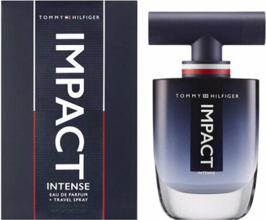 A product shot of Tommy Hilfiger Impact Intense for men, showing both the perfume bottle and its packaging.